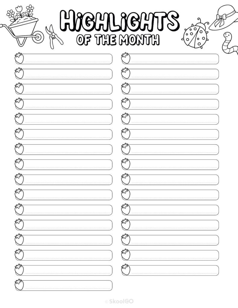 Printable May highlights page for journaling, planning, and reminders in black and white