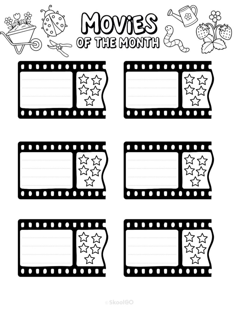 Printable May movies page for journaling, planning, and reminders in black and white