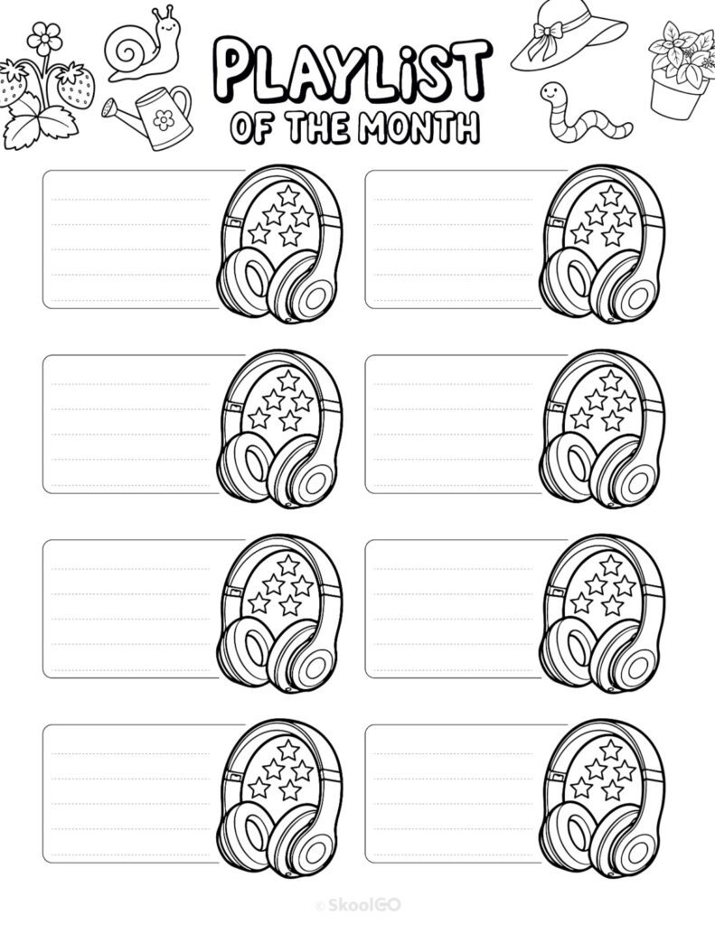 Printable May playlists page for journaling, planning, and reminders in black and white