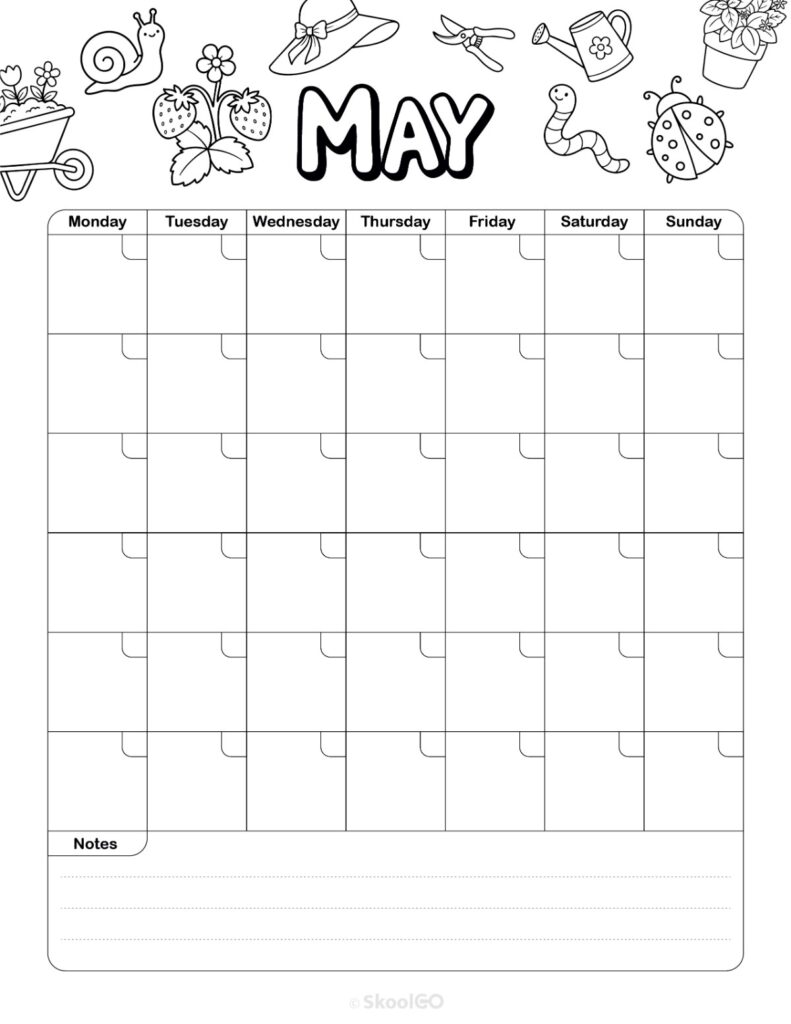 May monthly journal planner printable page in black and white