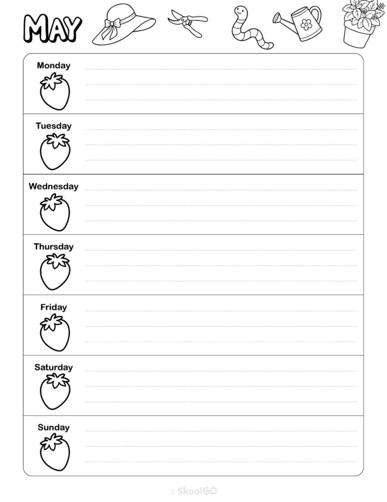 Printable May weekly planner with Monday start and notes section in black and white