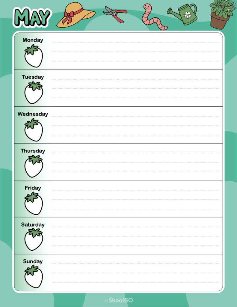Printable May weekly planner with Monday start and notes section