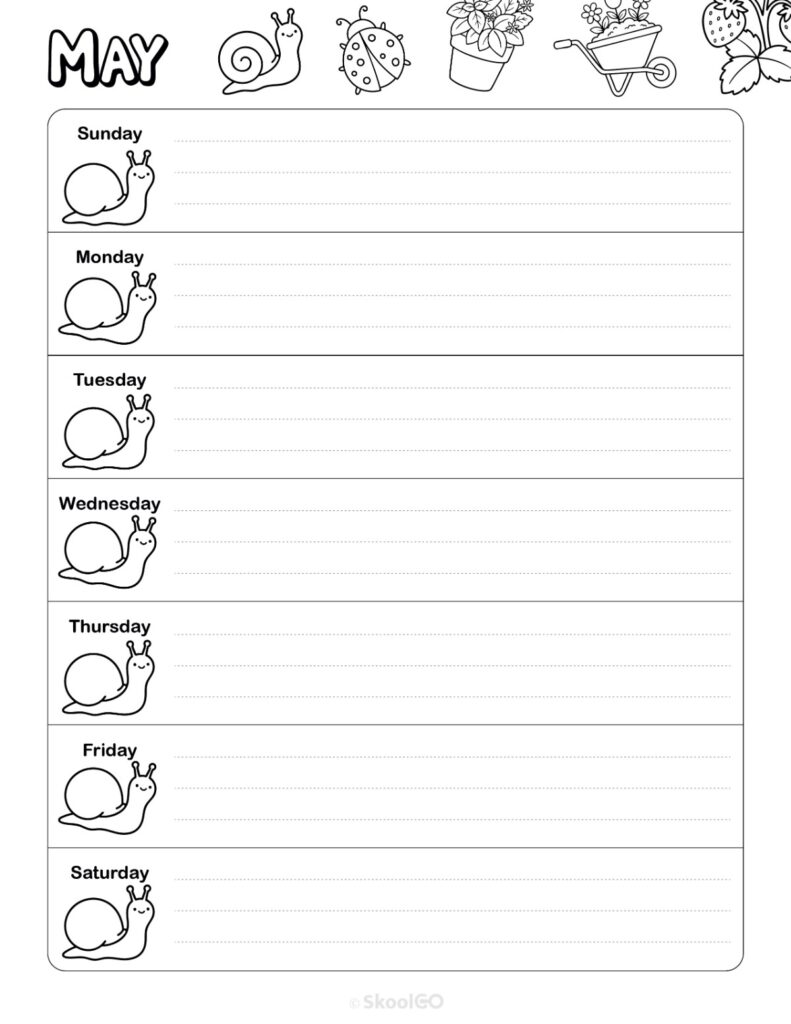 Printable May weekly planner with Sunday start and notes section in black and white