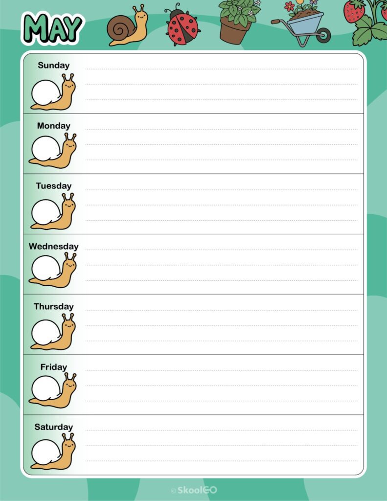 Printable May weekly planner with Sunday start and notes section