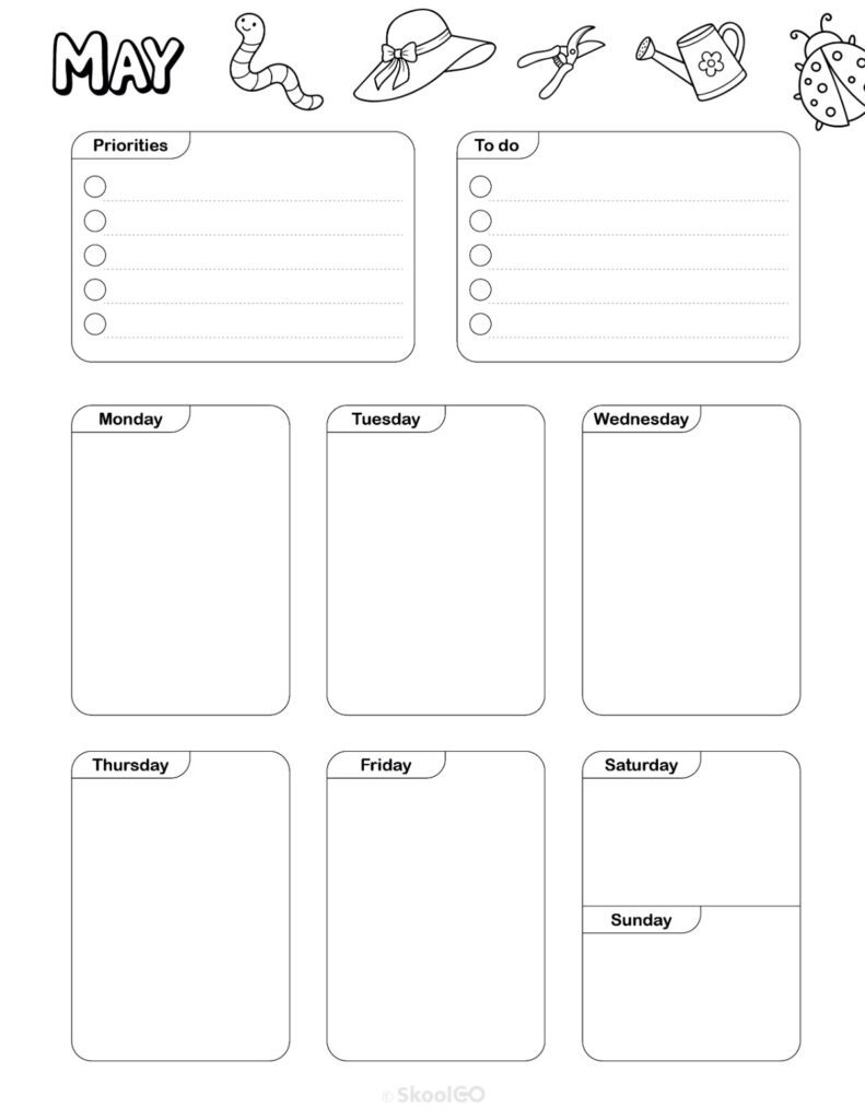 Printable May weekly planner with priorities and to-do list in black and white