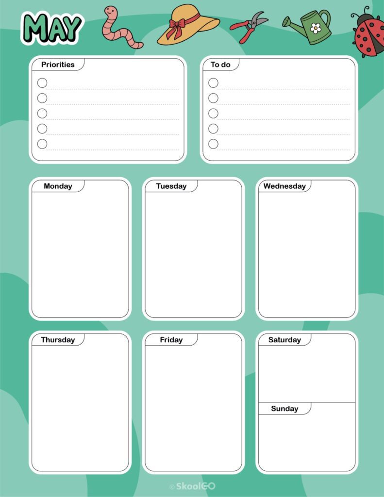 Printable May weekly planner with priorities and to-do list