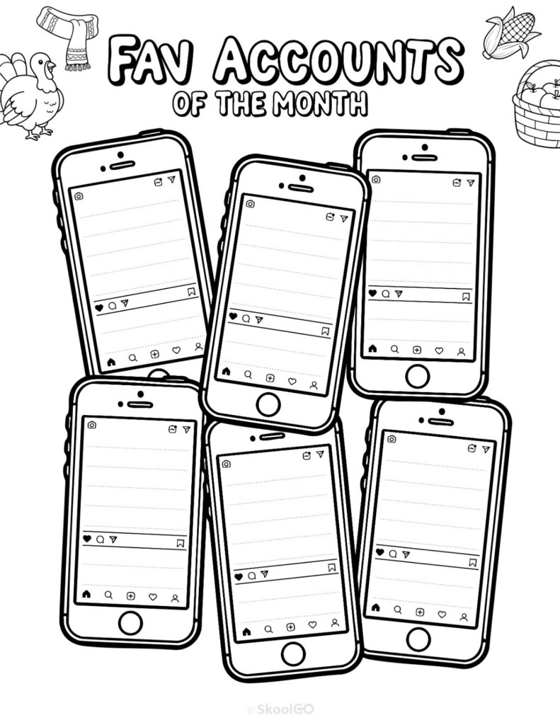 November Fav Accounts Page Black and White Printable November social networks fav accounts page for journaling, planning, and reminders in black and white