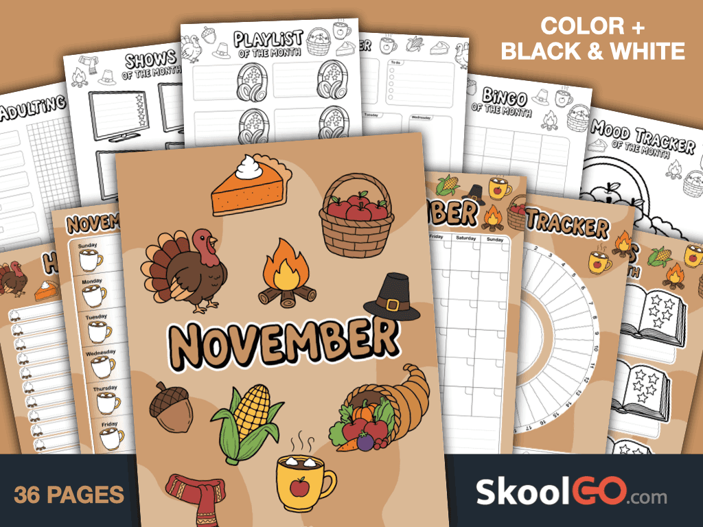 Free Printable November Journal Planner Bundle with calendars, trackers, journals, and planning pages