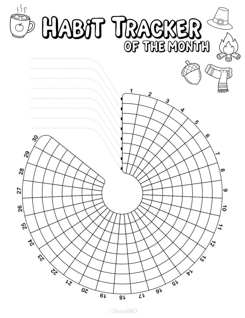 Printable November habit tracker calendar page in black and white