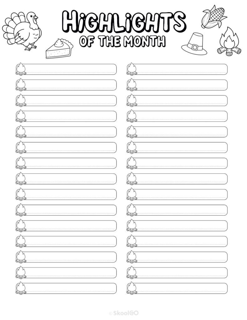 November Highlights Page Black and White Printable November highlights page for journaling, planning, and reminders in black and white