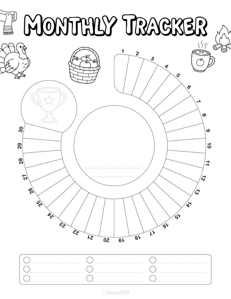 Printable November monthly tracking page in black and white