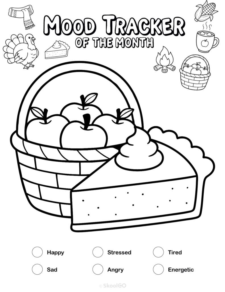 Printable November mood tracker page in black and white