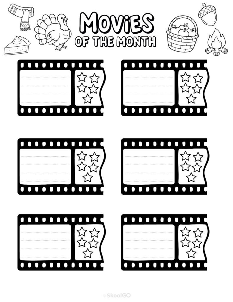 November Movies Page Black and White Printable November movies page for journaling, planning, and reminders in black and white