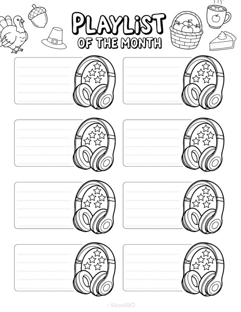 November Playlists Page Black and White Printable November playlists page for journaling, planning, and reminders in black and white