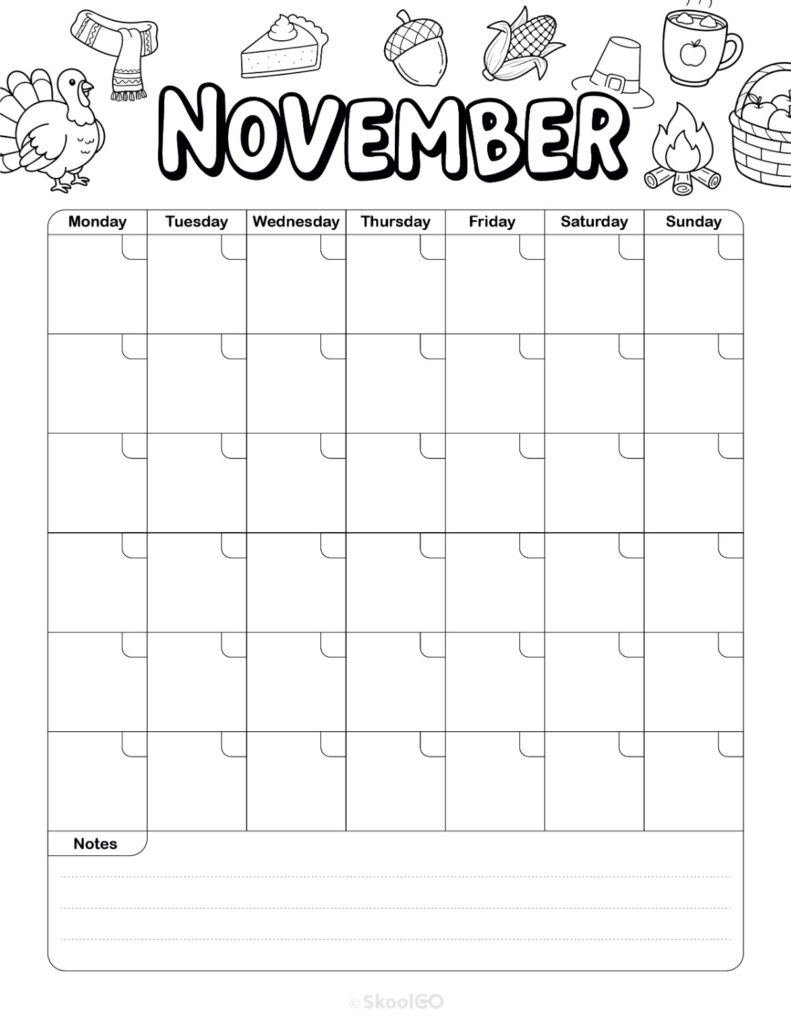 Monthly Journal Planning Page Black and White November monthly journal planner printable page in black and white
