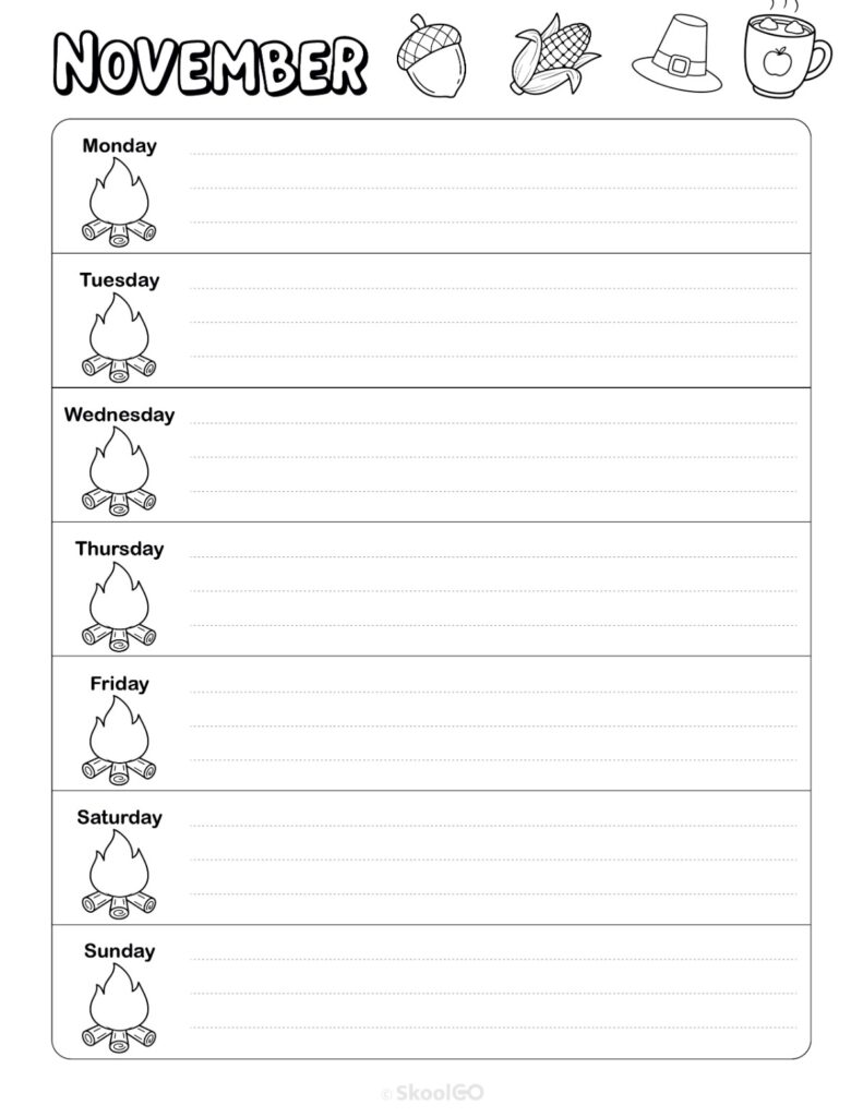 November Weekly Calendar Monday Start Black and White Printable November weekly planner with Monday start and notes section in black and white