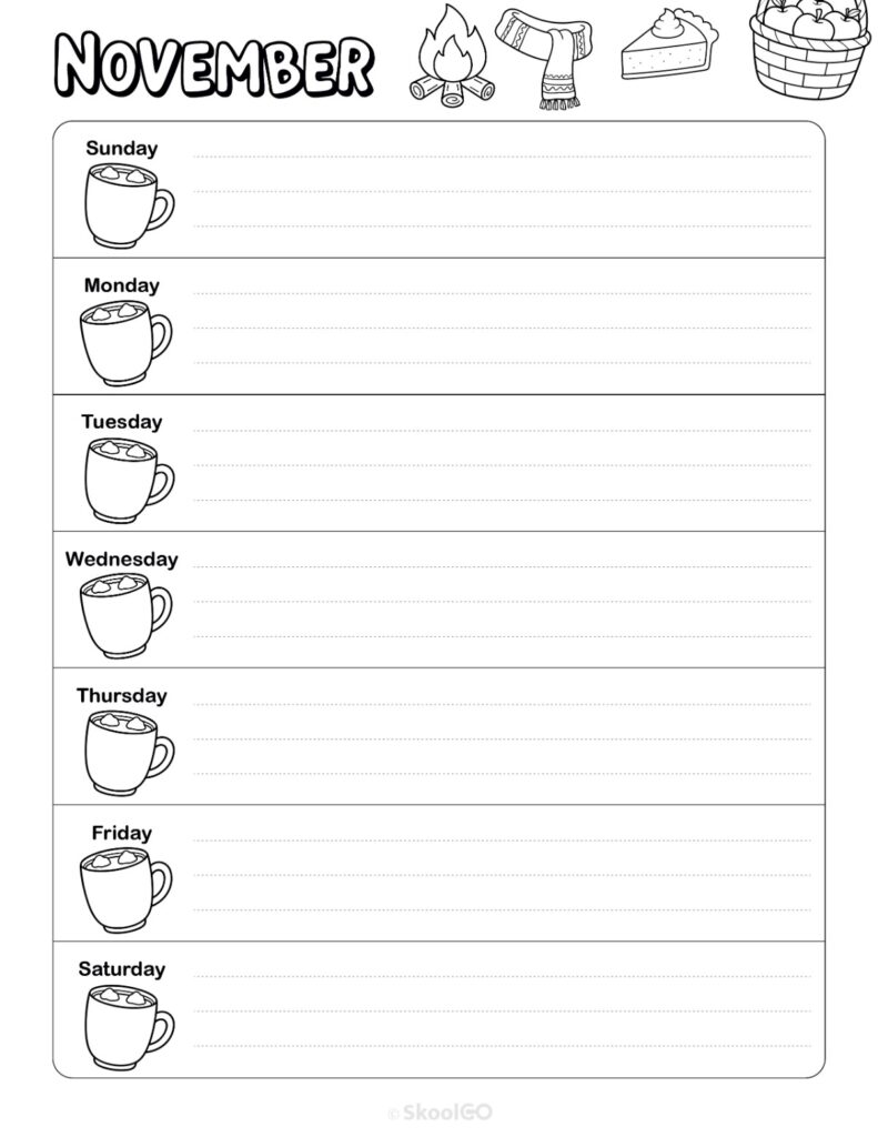 November Weekly Calendar Sunday Start Black and White Printable November weekly planner with Sunday start and notes section in black and white