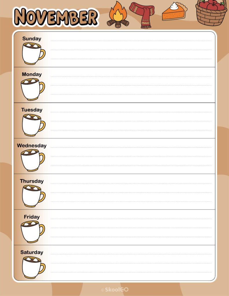 November Weekly Calendar Sunday Start Printable November weekly planner with Sunday start and notes section