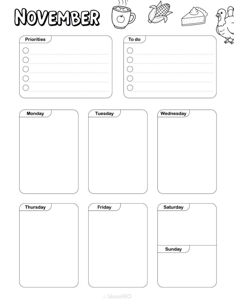 November Weekly Planner Black and White Printable November weekly planner with priorities and to-do list in black and white