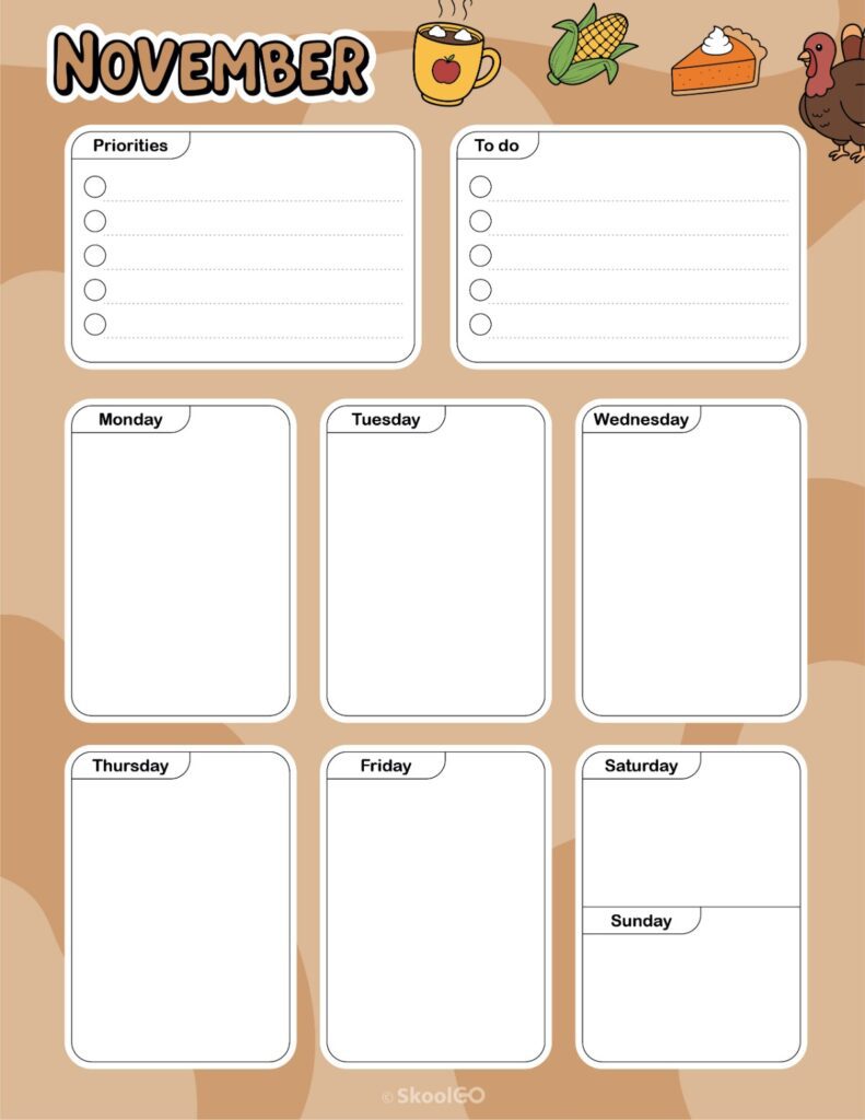 November Weekly Planner Printable November weekly planner with priorities and to-do list