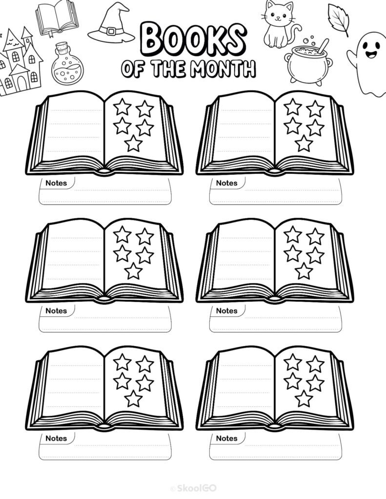 October Books Page Black and White Printable October books page for journaling, planning, and reminders in black and white