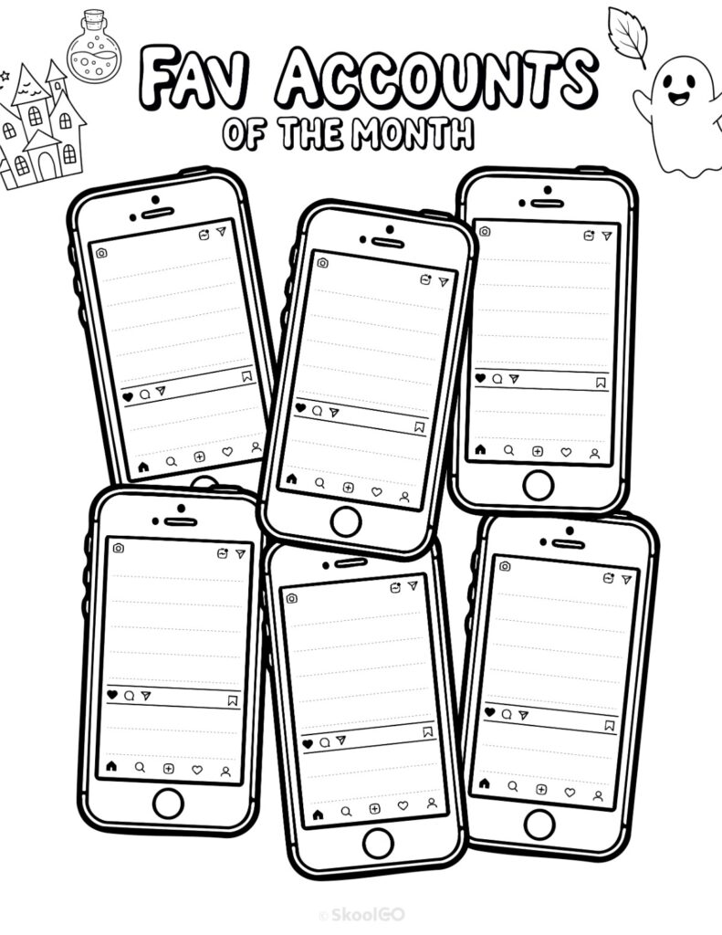 October Fav Accounts Page Black and White Printable October social networks fav accounts page for journaling, planning, and reminders in black and white
