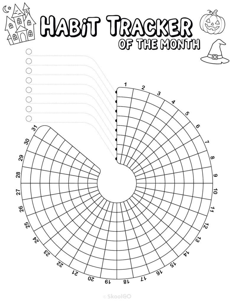 Printable October habit tracker calendar page in black and white