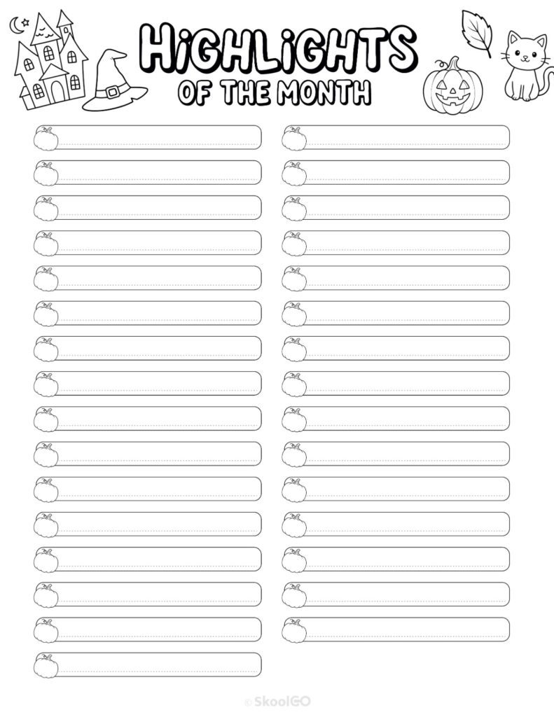 October Highlights Page Black and White Printable October highlights page for journaling, planning, and reminders in black and white