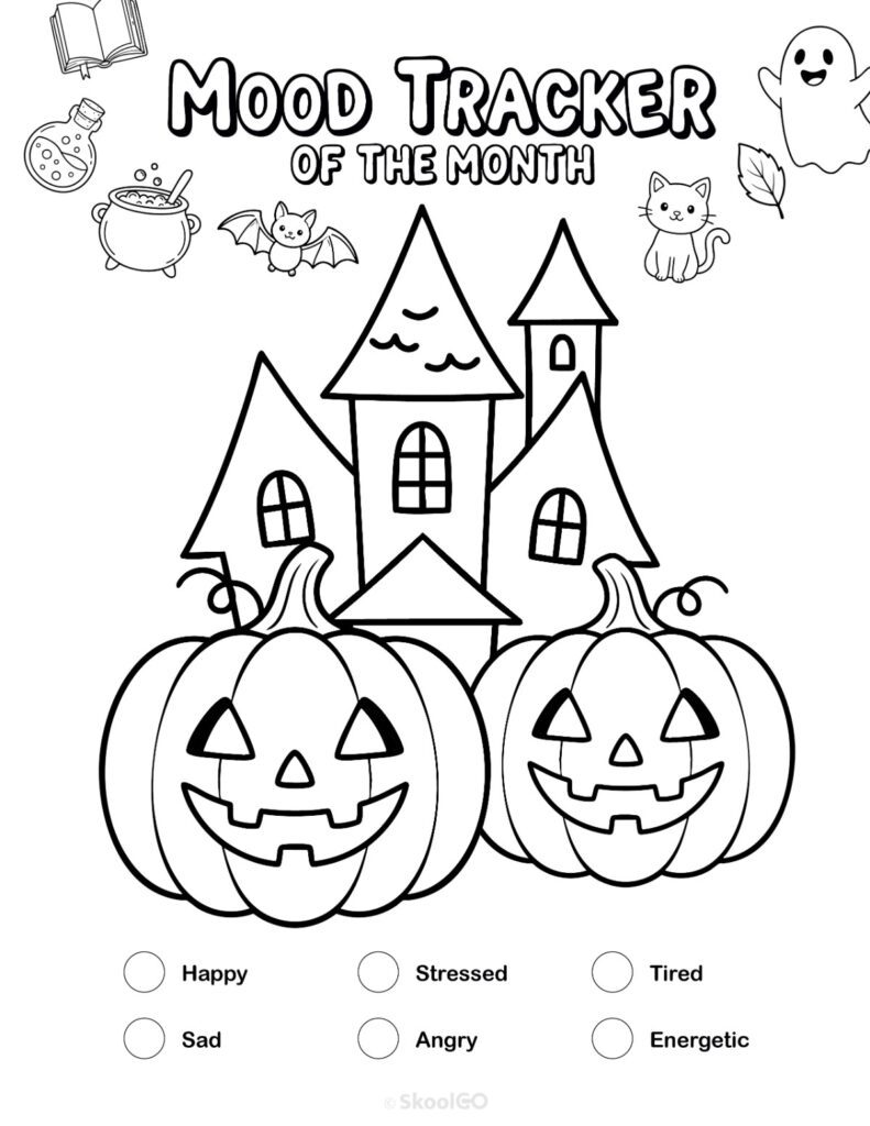 Printable October mood tracker page in black and white