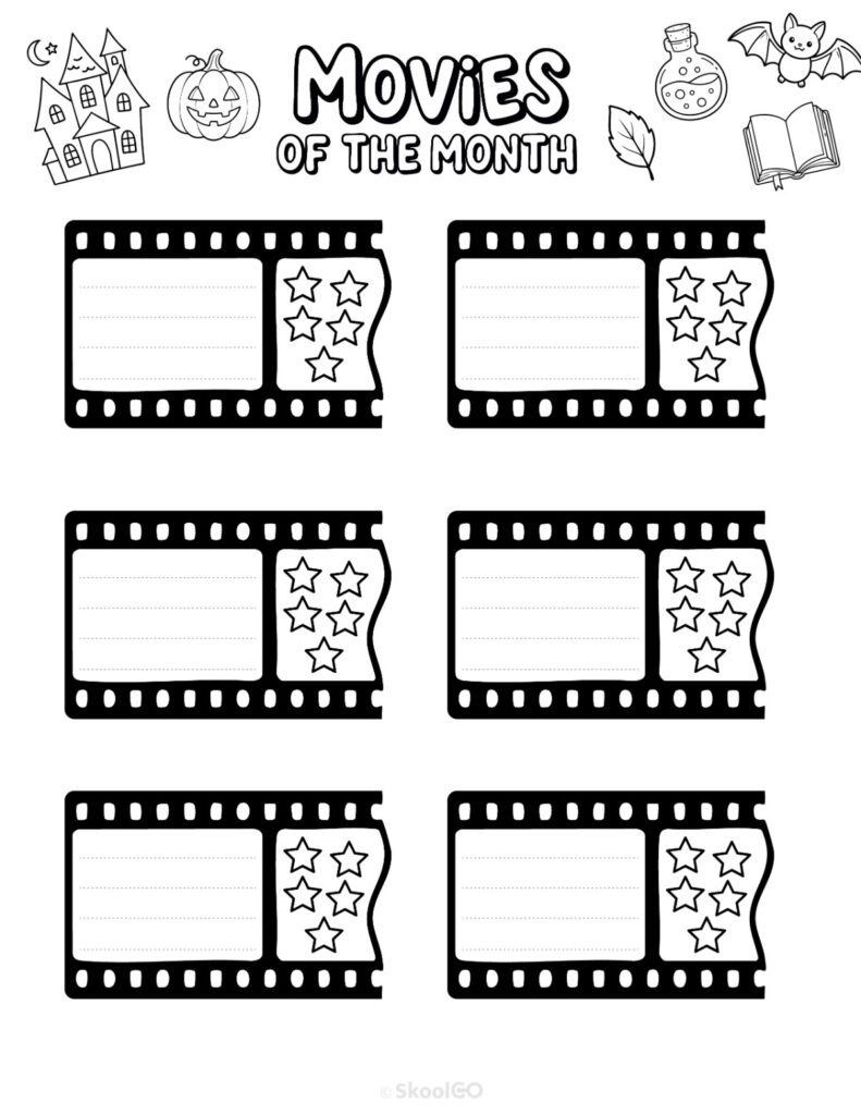 October Movies Page Black and White Printable October movies page for journaling, planning, and reminders in black and white