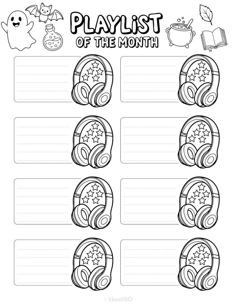 October Playlists Page Black and White Printable October playlists page for journaling, planning, and reminders in black and white