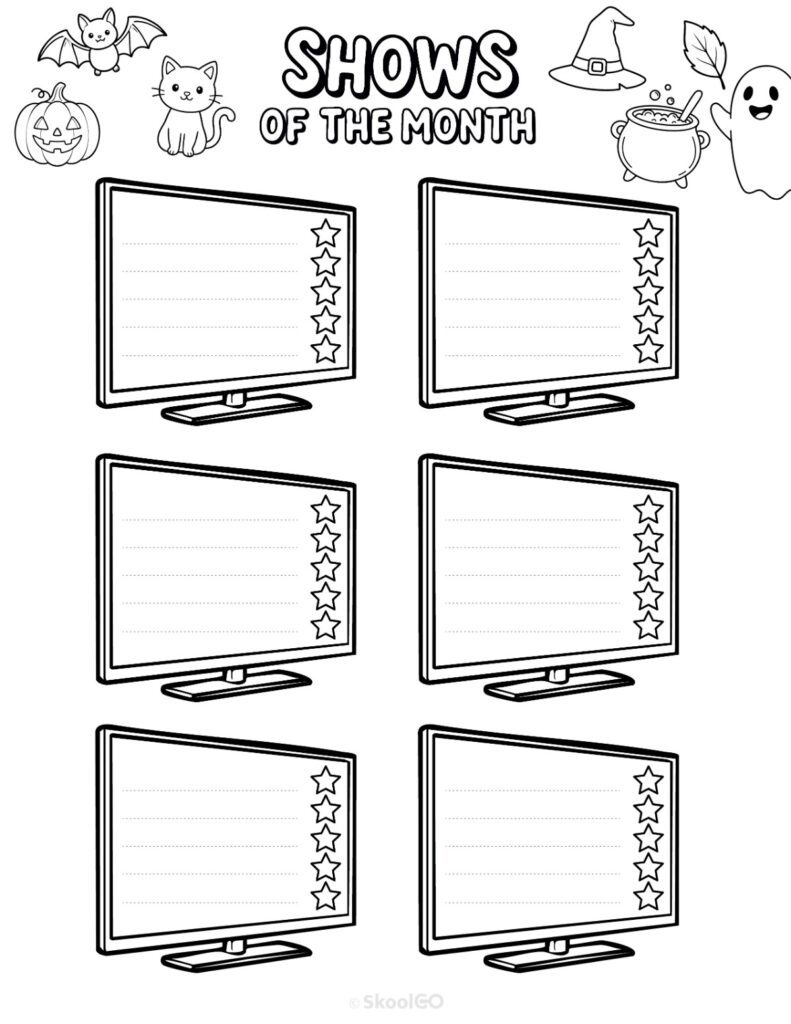 October Shows Page Black and White Printable October shows for journaling, planning, and reminders in black and white