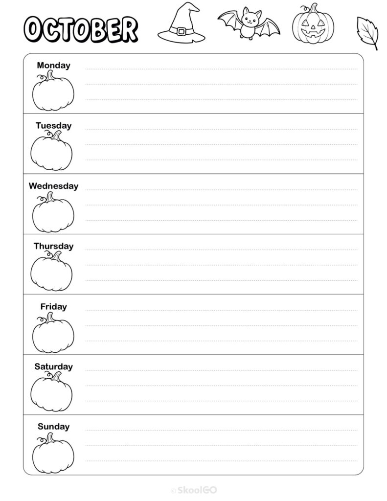 October Weekly Calendar Monday Start Black and White Printable October weekly planner with Monday start and notes section in black and white