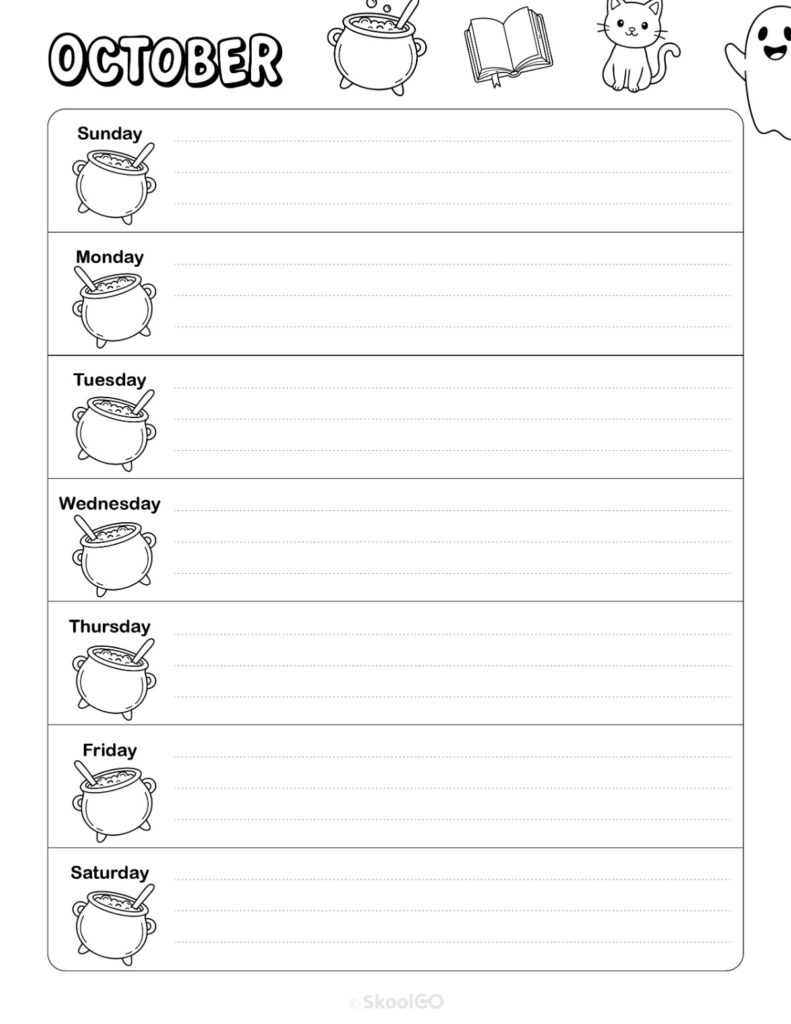 October Weekly Calendar Sunday Start Black and White Printable October weekly planner with Sunday start and notes section in black and white