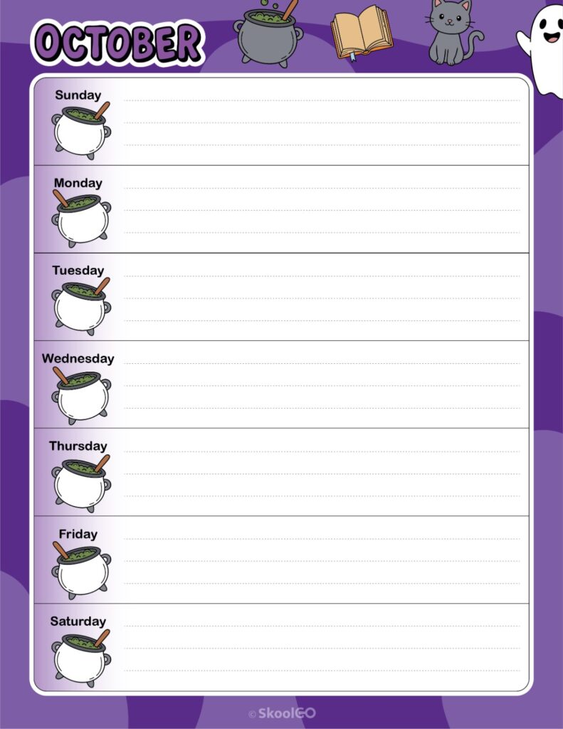 October Weekly Calendar Sunday Start Printable October weekly planner with Sunday start and notes section