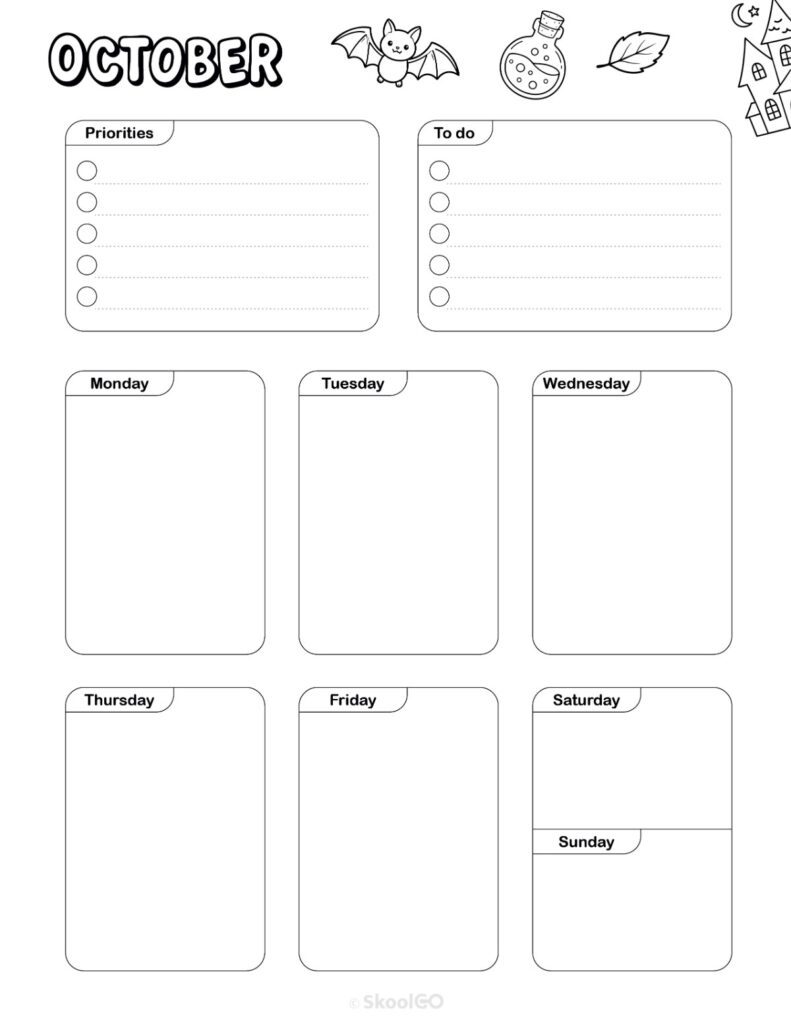 October Weekly Planner Black and White Printable October weekly planner with priorities and to-do list in black and white