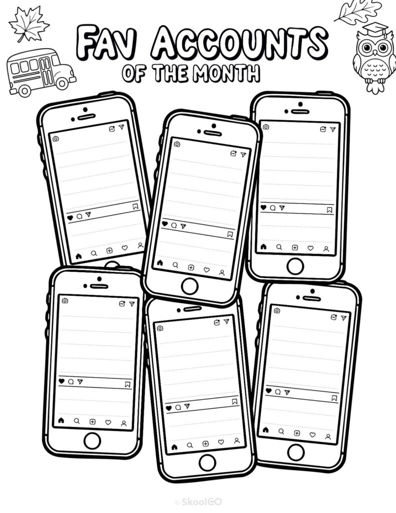 September Fav Accounts Page Black and White Printable September social networks fav accounts page for journaling, planning, and reminders in black and white