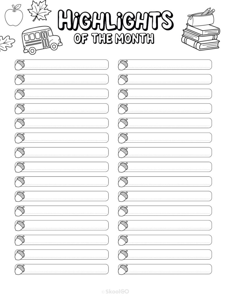 September Highlights Page Black and White Printable September highlights page for journaling, planning, and reminders in black and white