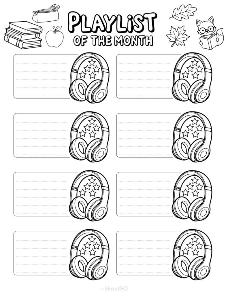 September Playlists Page Black and White Printable September playlists page for journaling, planning, and reminders in black and white