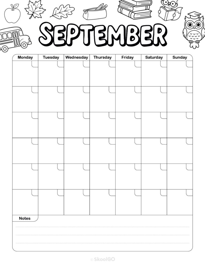 Monthly Journal Planning Page Black and White September monthly journal planner printable page in black and white