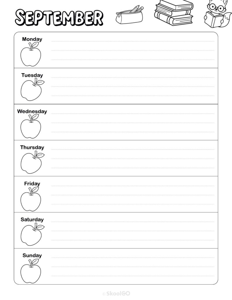 September Weekly Calendar Monday Start Black and White Printable September weekly planner with Monday start and notes section in black and white