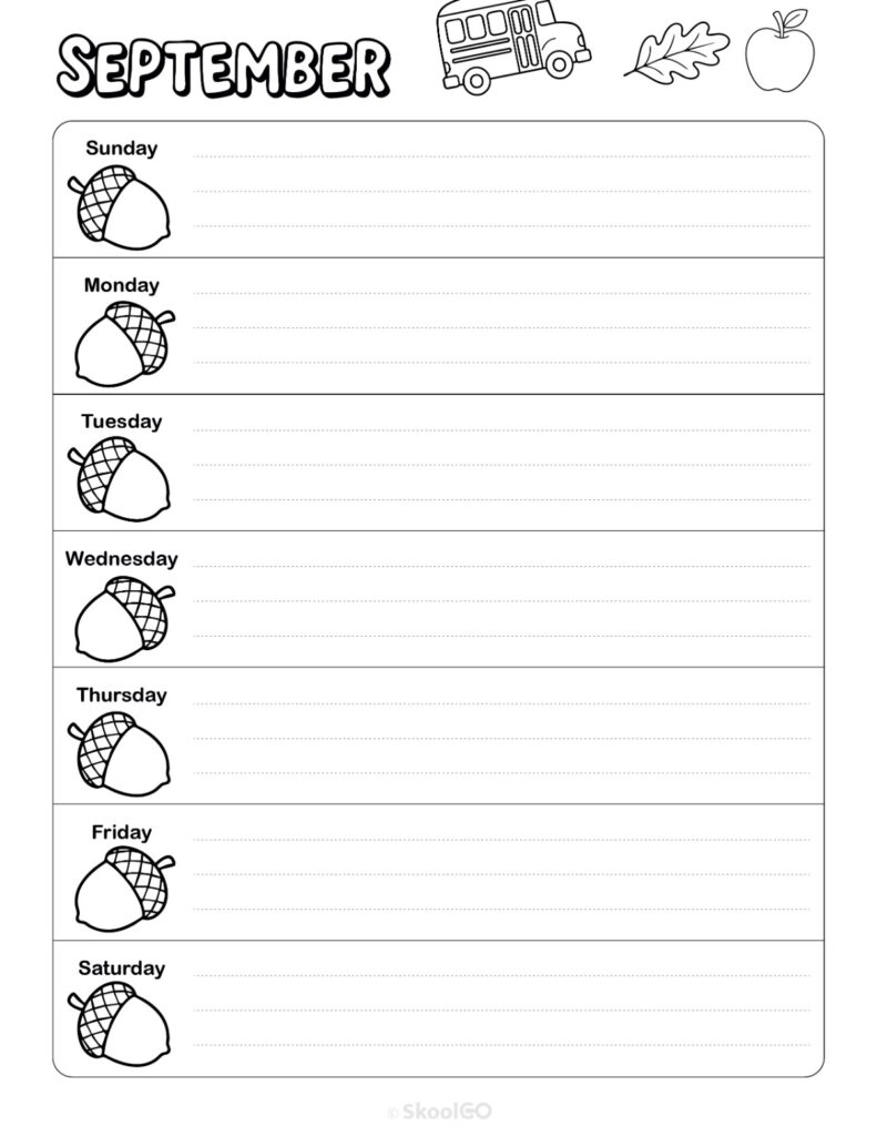 September Weekly Calendar Sunday Start Black and White Printable September weekly planner with Sunday start and notes section in black and white