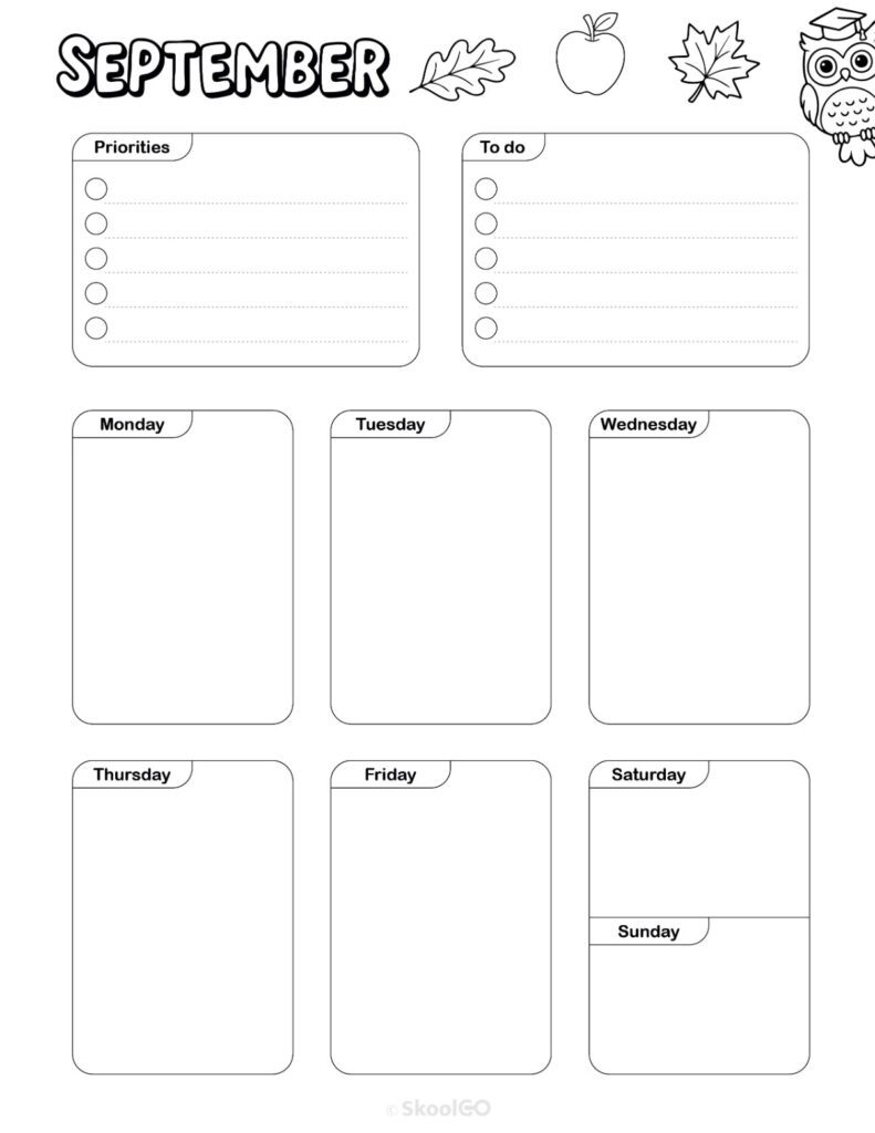 September Weekly Planner Black and White Printable September weekly planner with priorities and to-do list in black and white