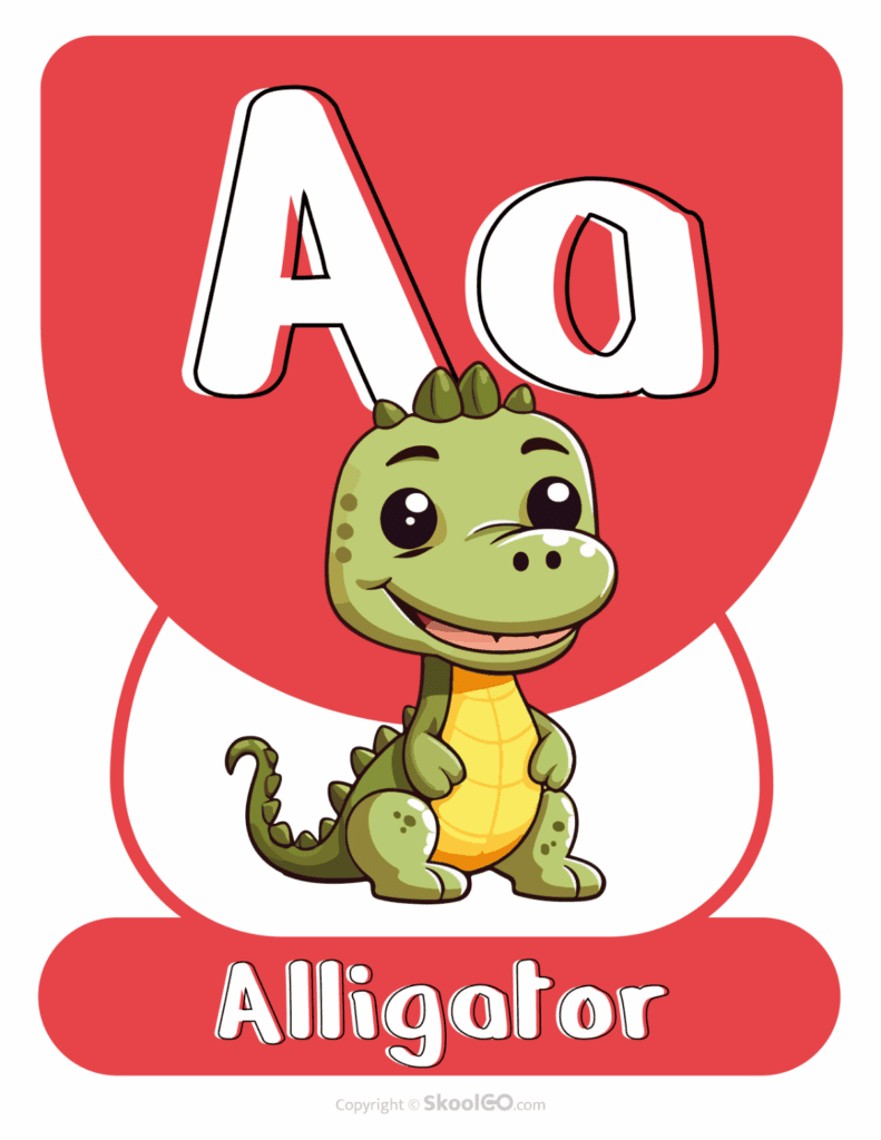 Printable Animal Alphabet Poster featuring the uppercase and lowercase letter A with a friendly alligator illustration for early literacy and classroom displays.