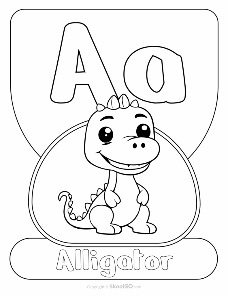 Printable Animal Alphabet Poster featuring the uppercase and lowercase letter A with a friendly alligator illustration for early literacy and classroom displays.