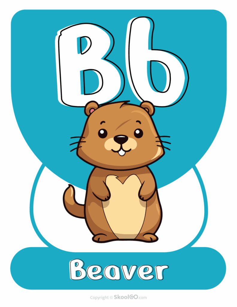 Printable Animal Alphabet Poster featuring the uppercase and lowercase letter B with a cute beaver illustration for early learning.
