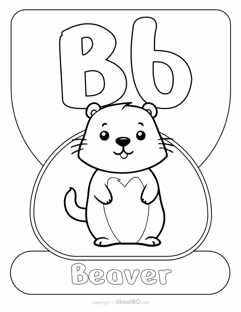 Printable Animal Alphabet Poster featuring the uppercase and lowercase letter B with a cute beaver illustration for early learning.