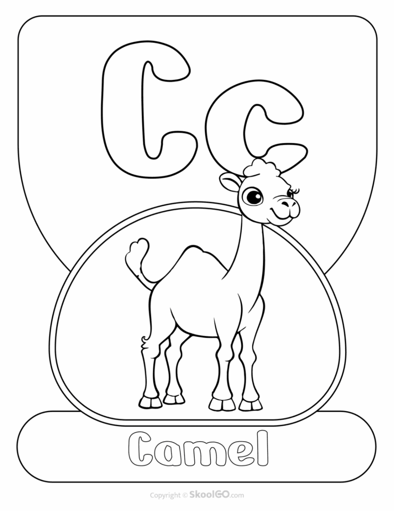 Printable Animal Alphabet Poster featuring the uppercase and lowercase letter C with a camel illustration for alphabet learning.