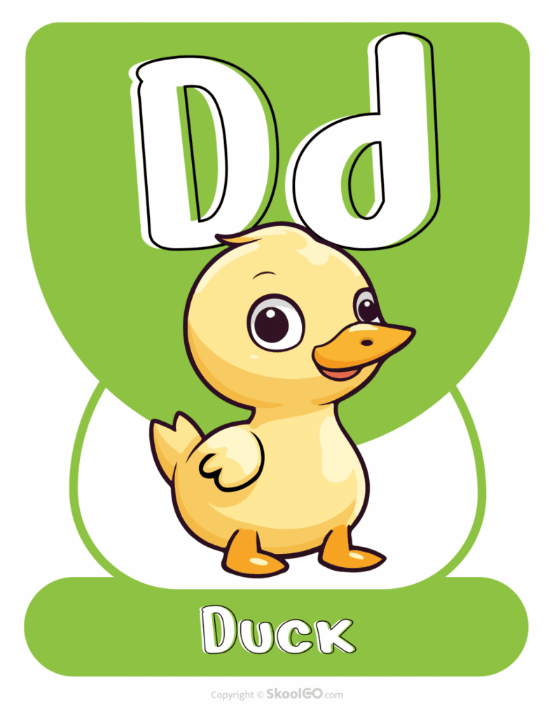 Printable Animal Alphabet Poster featuring the uppercase and lowercase letter D with a duck illustration for preschool alphabet activities.