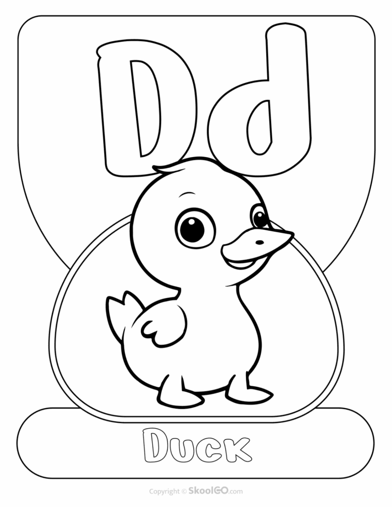 Printable Animal Alphabet Poster featuring the uppercase and lowercase letter D with a duck illustration for preschool alphabet activities.